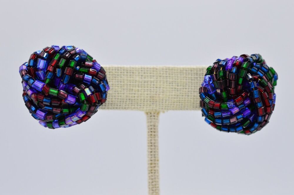 Vintage Beaded Earrings Knot Purple Navy Metallic Multi-Color Post 1980s BinAF